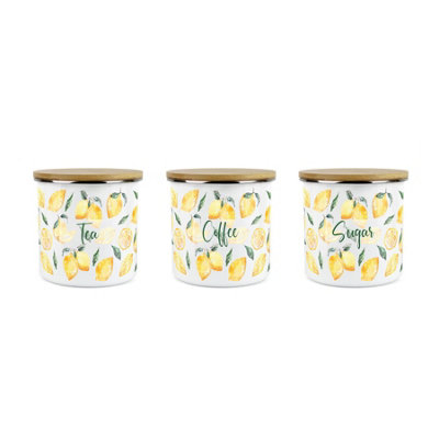 Purely Home Lemons Storage Canister SetWhite Metal Tea Coffee Sugar Enamel Kitchen Food Storage Containers Set Of 3 from B&Q
