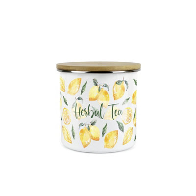 B&Q -  Lemons Herbal Tea CanisterWhite Metal Enamel Medium Sized Kitchen Food Storage Container