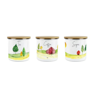Purely Home Landscapes Storage Canister SetWhite Metal Tea Coffee Sugar Enamel Kitchen Food Storage Containers Set Of 3 from B&Q
