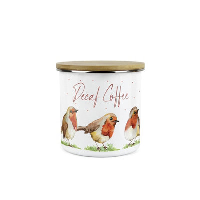 B&Q -  Robins Decaf Coffee Storage CanisterBirds Nature Animals Metal Enamel Medium Sized Food Storage Container