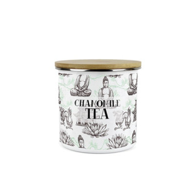 Purely Home Asian Style Chamomile Tea Storage Canister - Continental Design Metal Enamel Sized Food Storage Container Medium