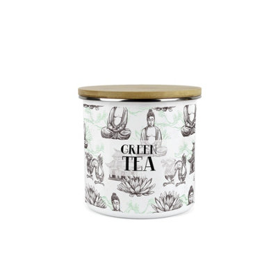 B&Q -  Asian Style Green Tea Storage CanisterContinental Design Metal Enamel Medium Sized Food Storage Container