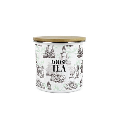 Purely Home Asian Style Loose Tea Storage Canister - Continental Design Metal Enamel Sized Food Storage Container Medium
