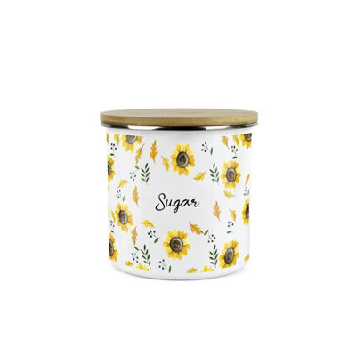 Purely Home Sunflowers Sugar Storage Canister - White Floral Metal Enamel Medium Sized Food Storage Container