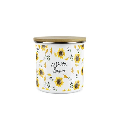 B&Q -  Sunflowers White Sugar Storage CanisterWhite Floral Metal Enamel Medium Sized Food Storage Container