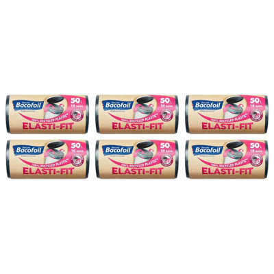 Bacofoil Elasti-Fit Bin Bag Liners Drawstring Handles 50L 6 Rolls 60 Bags from B&Q