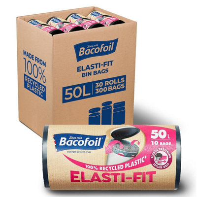 Bacofoil Elasti-Fit Bin Bag Liners Drawstring Handles 50L 30 Rolls 300 Bags from B&Q