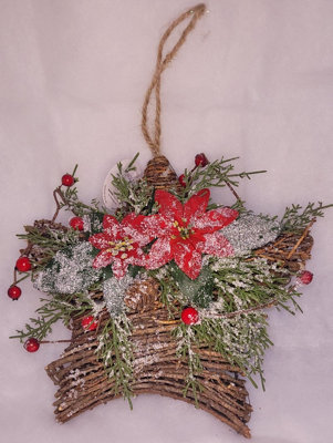 B&Q -  Twig Wrapped Hanging Star With Poinsettia And Berry Frosted Décor
