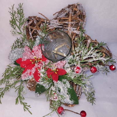 B&Q -  Twig Wrapped Star Centrepiece Candle Holder With Poinsettia And Berry Frosted Décor