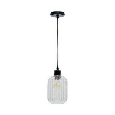 First Choice Lighting BatleyClear Ribbed Glass With Black Pendant Fitting from B&Q