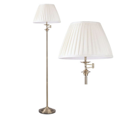 First Choice Lighting Antique Brass Swing Arm Floor Lamp With White Pleated Shade from B&Q