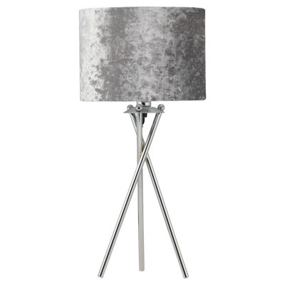 First Choice Lighting Chrome Tripod Table Lamp With Grey Crushed Velvet Shade from B&Q
