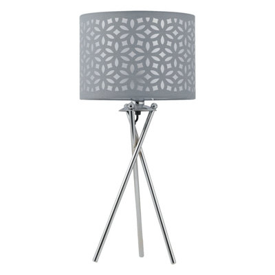 First Choice Lighting Chrome Tripod Table Lamp With Grey Laser Cut Shade from B&Q