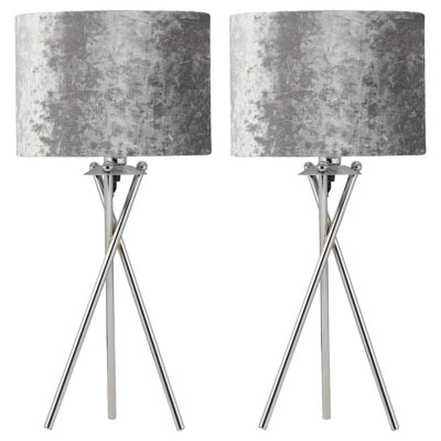 First Choice Lighting Set Of 2 Chrome Tripod Table Lamps With Grey Crushed Velvet Shades from B&Q