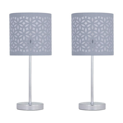 First Choice Lighting Set Of 2 Chrome Stick Table Lamps With Grey Laser Cut Shades from B&Q