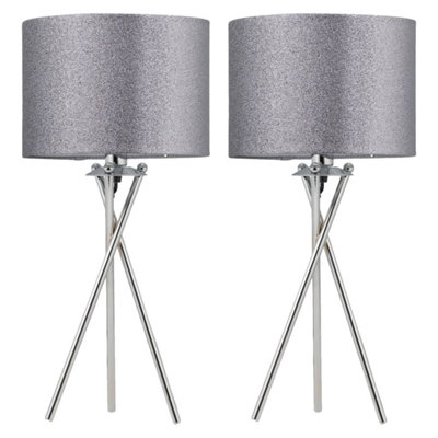 First Choice Lighting Set Of 2 Chrome Tripod Table Lamps With Grey Glitter Shades from B&Q