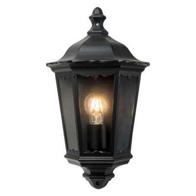 First Choice Lighting Sienna Black With Clear Glass Ip44 Outdoor Half Lantern Wall Light