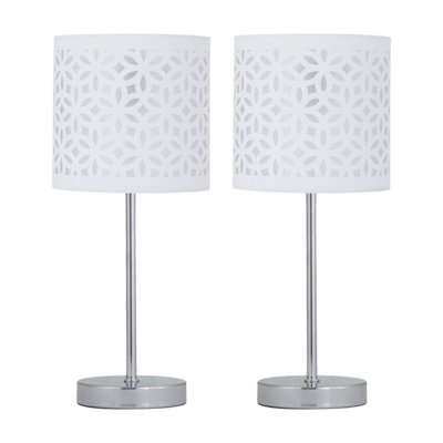 First Choice Lighting Set Of 2 Chrome Stick Table Lamps With White Laser Cut Shades from B&Q