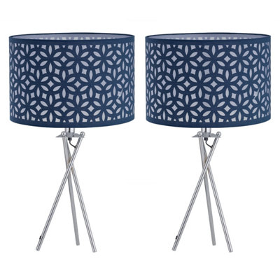First Choice Lighting Set Of 2 Chrome Tripod Table Lamps With Navy Blue Laser Cut Shades from B&Q