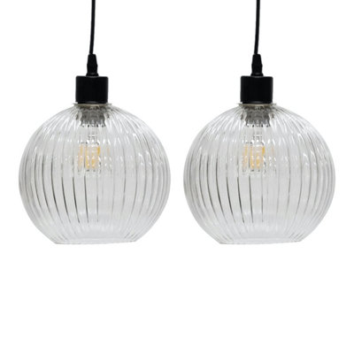 B&Q -  Set Of 2 Betchley Clear Ribbed Glass Globe Easy Fit Pendant Shades
