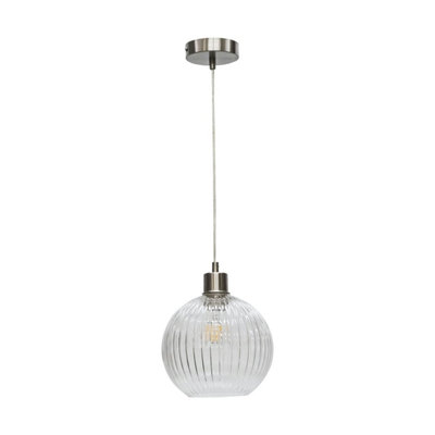 First Choice Lighting BetchleyClear Ribbed Glass Globe With Satin Nickel Pendant Fitting from B&Q