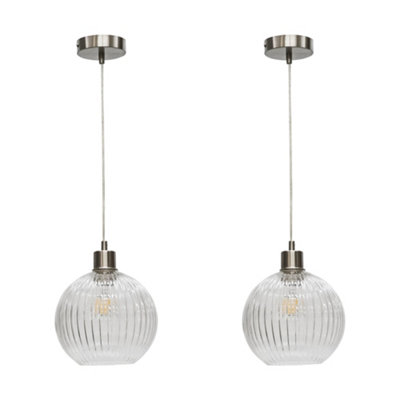 First Choice Lighting Set Of 2 BetchleyClear Ribbed Glass Globe With Satin Nickel Pendant from B&Q