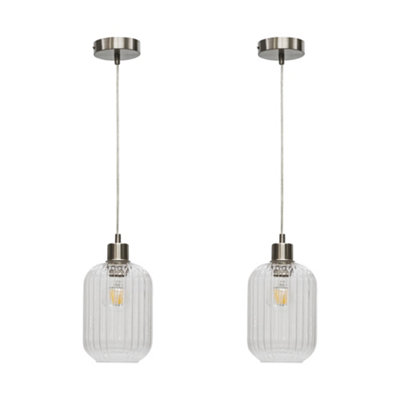 First Choice Lighting Set Of 2 BatleyClear Ribbed Glass With Satin Nickel Pendant Fitting from B&Q