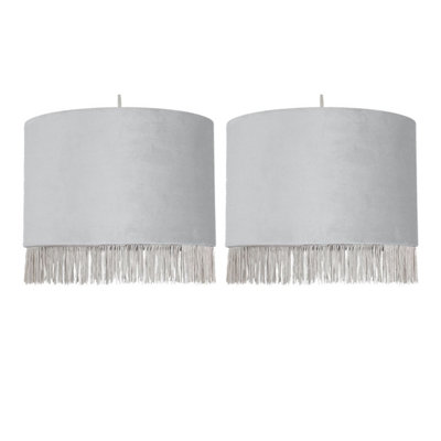 First Choice Lighting Set Of 2 Fringed Silvery Grey 23Cm Fringed Velvet Pendant Shades from B&Q