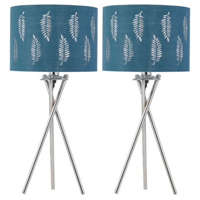 B&Q -  Set Of 2 Tripod Table Lamps With Teal Fern Cut Out Shades