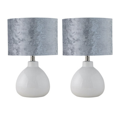 First Choice Lighting Set Of 2 Tuscan White Ceramic Lamps With Grey Crushed Velvet Shade from B&Q