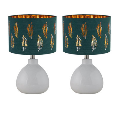 First Choice Lighting Set Of 2 Tuscan White Ceramic Lamps With Dark Green Fern Shade from B&Q