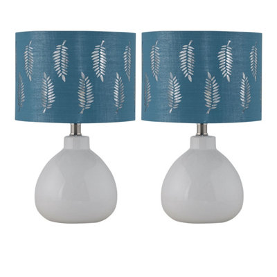 First Choice Lighting Set Of 2 Tuscan White Ceramic Lamps With Teal Fern Shade from B&Q