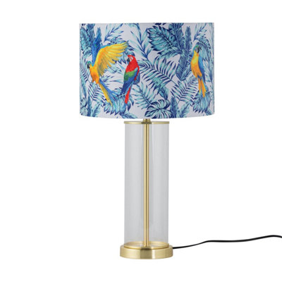 First Choice Lighting AuraSatin Brass Table Lamp With Parrot Velvet Shade from B&Q
