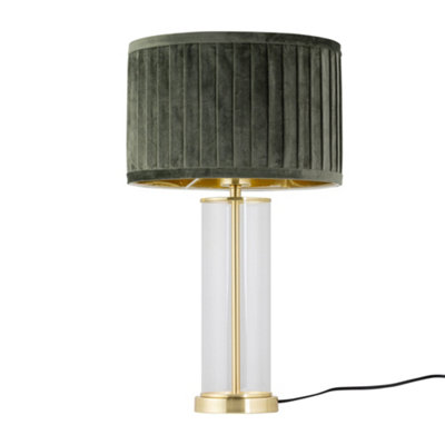 First Choice Lighting AuraSatin Brass Table Lamp With Green Pleated Velvet Shade from B&Q
