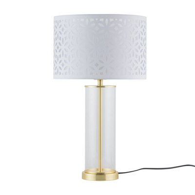 First Choice Lighting AuraSatin Brass Table Lamp With White Cut Out Shade from B&Q
