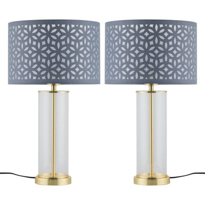 First Choice Lighting Set Of 2 AuraSatin Brass Lamps With Grey Cut Out Shades from B&Q