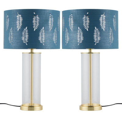 First Choice Lighting Set Of 2 AuraSatin Brass Lamps With Teal Fern Cut Out Shades from B&Q