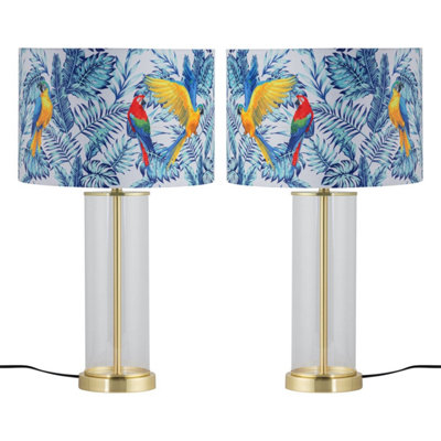 First Choice Lighting Set Of 2 AuraSatin Brass Lamps With Parrot Velvet Shades from B&Q