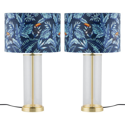 First Choice Lighting Set Of 2 AuraSatin Brass Lamps With Toucan Velvet Shades from B&Q
