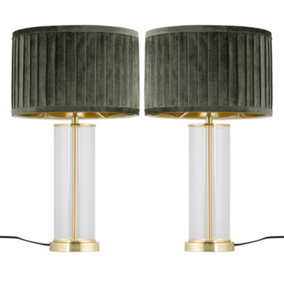 First Choice Lighting Set Of 2 AuraSatin Brass Lamps With Green Pleated Velvet Shades from B&Q