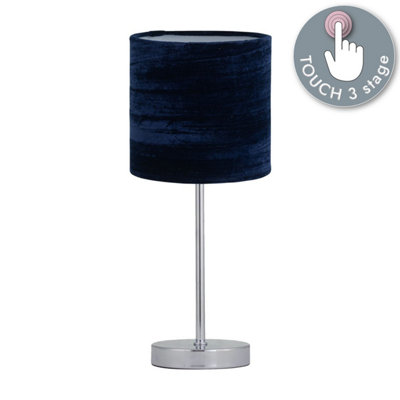 First Choice Lighting Chrome Touch Operated Table Lamp With Navy Blue Crushed Velvet Shade from B&Q