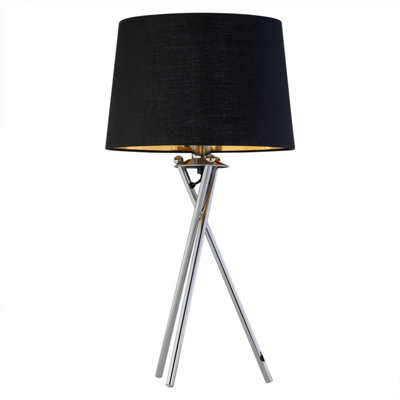 First Choice Lighting TripodChrome Lamp With Black & Gold Fabric Shade from B&Q