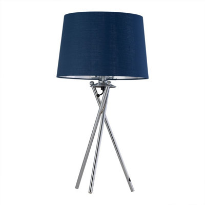 First Choice Lighting TripodChrome Lamp With Navy Blue & Silver Fabric Shade from B&Q