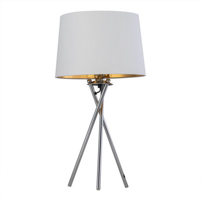 First Choice Lighting TripodChrome Lamp With White & Gold Fabric Shade from B&Q