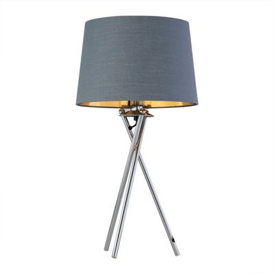 First Choice Lighting TripodChrome Lamp With Grey & Gold Fabric Shade from B&Q