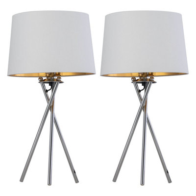 First Choice Lighting Set Of 2 TripodChrome Lamps With White & Gold Fabric Shade from B&Q