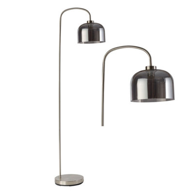 B&Q -  Francine Satin Nickel Arched Floor Lamp With Smoke Glass Shade