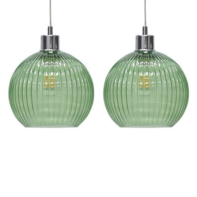 First Choice Lighting Set Of 2 BetchleyGreen Ribbed Glass Globe Easy Fit Pendant Shades from B&Q