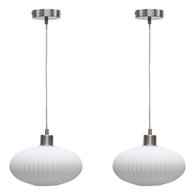 First Choice Lighting Set Of 2 BatonWhite Ribbed Oval Glass With Satin Nickel Pendants from B&Q