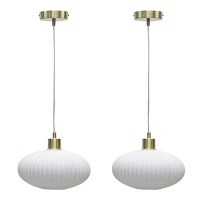 First Choice Lighting Set Of 2 BatonWhite Ribbed Oval Glass With Satin Brass Pendants from B&Q